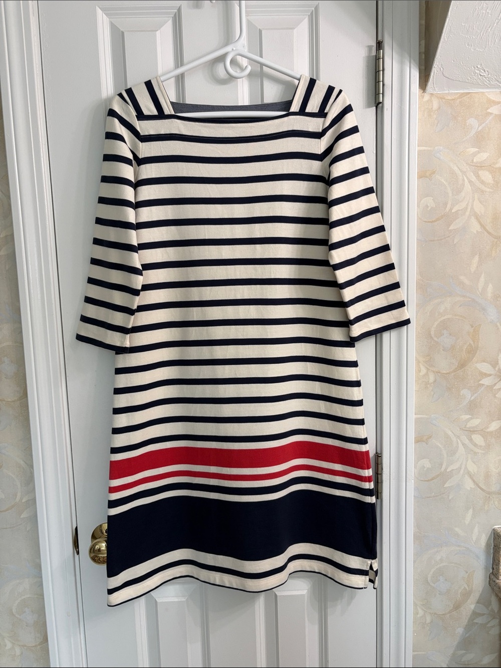 L.L. Bean Navy, Cream & Red Striped Boatneck Shift Dress